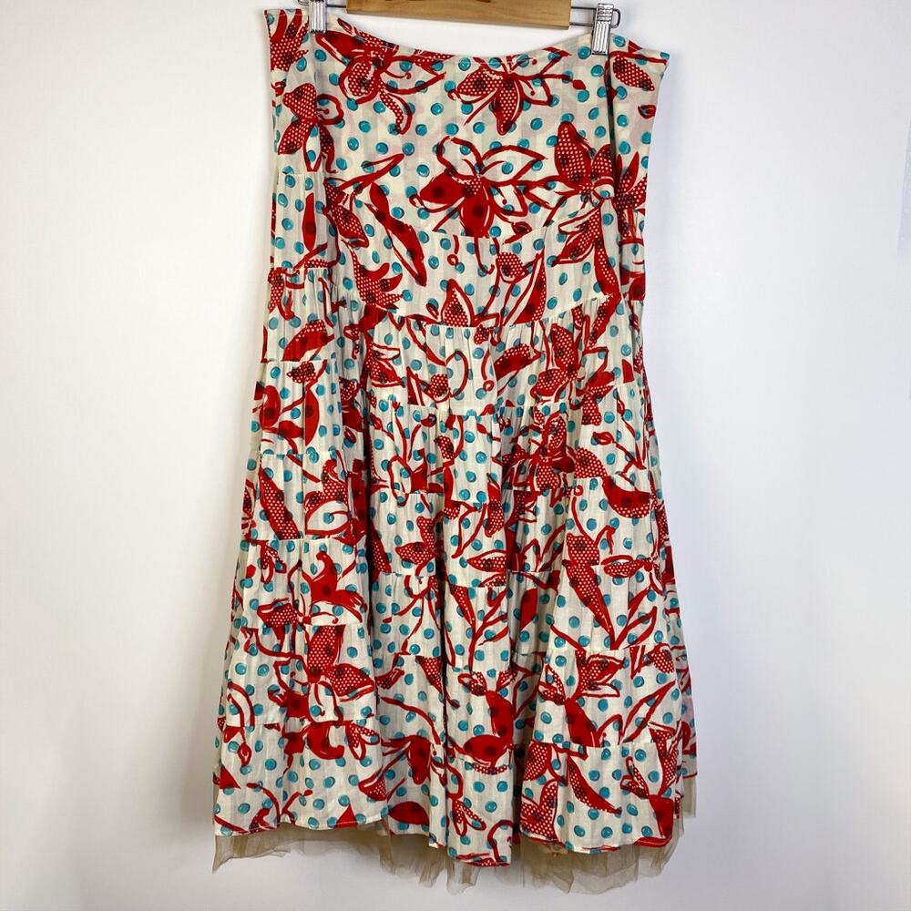 Marrika Nakk Floral Polka Dot Tiered Midi A Line Skirt 100% Cotton Waist/Hip 35"